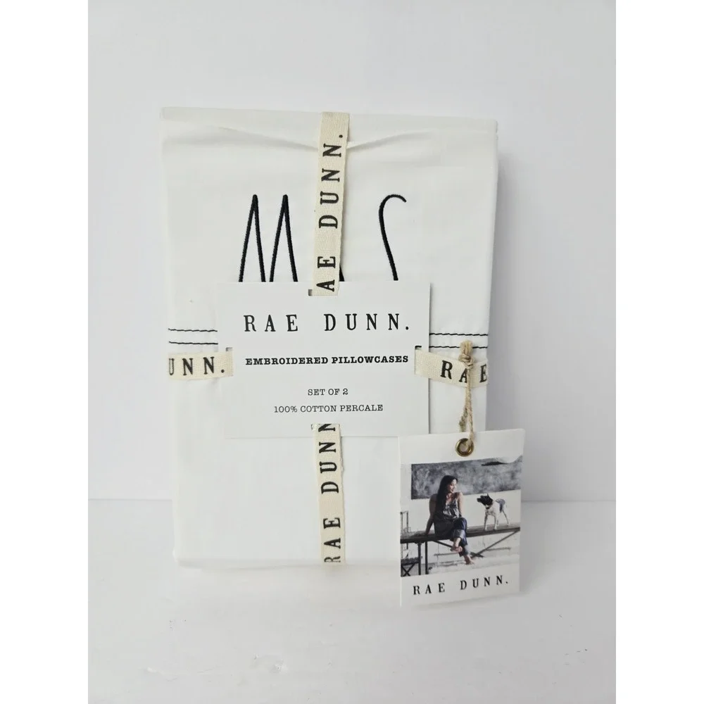 New Rae Dunn Mr & Mrs  White Cotton Percale Standard‎ Pillowcases set of 2